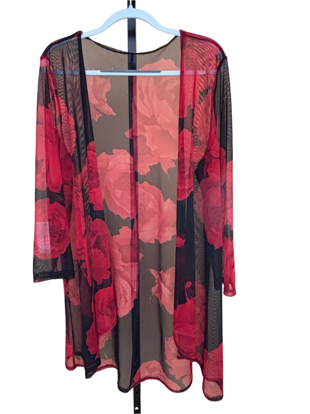 Sheer Floral Mesh Summer Cardigan - Red Rose